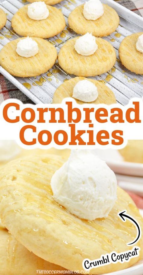 Cornbread Honey Cake Cookie, Copycat Cornbread Crumbl Cookies, Crumbl Cornbread Cookie Copycat, Crumbl Cookie Cornbread Copycat, Cornbread Cookies Recipe, Cornbread Sugar Cookie, Cornbread Crumble Cookie, Crumbl Maple Cookie, Crumbl Cookie Butter Copycat