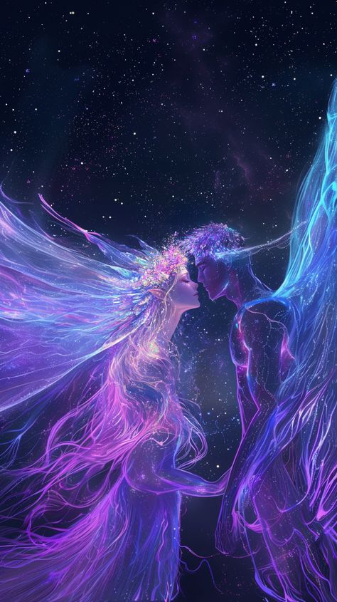 This enchanting art piece illustrates an other-worldly love story of two divine beings - the Divine Masculine and the Divine Feminine. Painted exquisitely in ethereal blue and purple hues, it depicts a magical scene of an enamoured elves couple locked in a celestial dance. Their kiss gives birth to a cosmic aesthetic that conveys a profound sense of love and romance. Dive into this world to unravel more about your love life in the upcoming weeks. 
#TwinFlames #SpiritualGrowth #CosmicLove Spiritual Couple Art Twin Flames, Cosmic Love Aesthetic, Two Lovers Art Couple, Twin Flames Aesthetic, Cosmic Aesthetic, Soulmates Art, Angel Of Love, Divine Being, Ethereal Blue