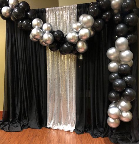 Black And Silver Prom Backdrop, Prom Sendoff, Prom Backdrops, Winter Ball, Paris Theme Party, Foil Curtain, Simple Birthday Decorations, Homemade Birthday, Prom Decor