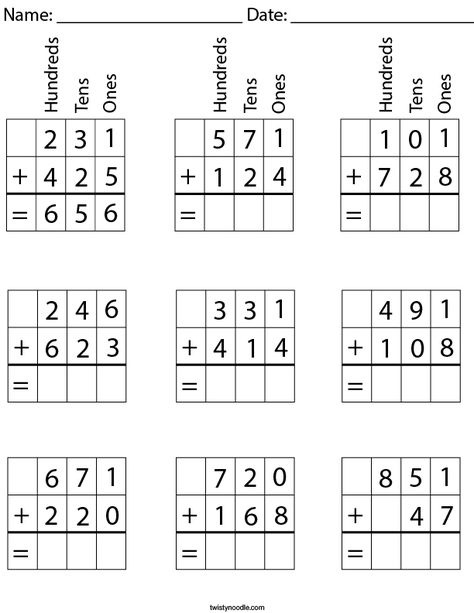 3 Digit Addition with Place Value Math Worksheet - Twisty Noodle Adding 3 Digit Numbers, Value Worksheet, 3 Digit Subtraction, Addition Without Regrouping, Holiday Math Worksheets, 3 Digit Addition, Remedial Reading, Teaching Place Values, Math Card Games