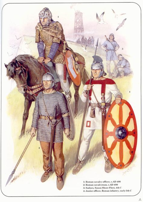 Romano British, Late Roman Army, Late Roman Empire, Angus Mcbride, Warriors Illustration, Roman Britain, Historical Warriors, Roman Army, Roman Legion