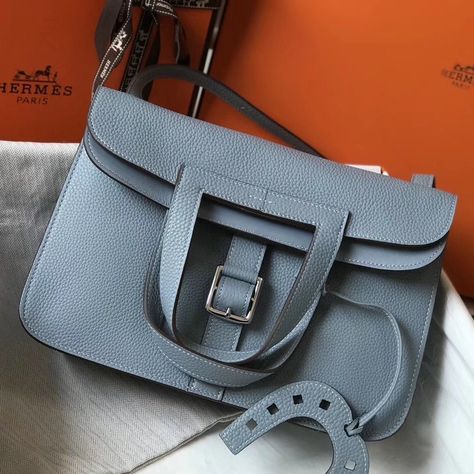 Replica Hermes Halzan Bag In Blue Lin Clemence Leather Hermes Belt Mens, Hermes Halzan, Kate Bags, Bottega Veneta Handbag, Manolo Blahnik Pumps, Triangle Bag, Grooming Bag, Valentino Handbags, Hermes Wallet