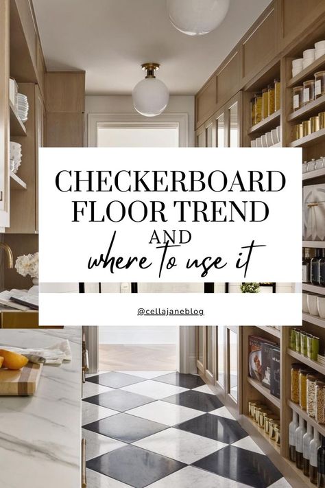 Checker board floor in pantry Black And White Flooring Ideas, Checkerboard Kitchen Floor Tile, Checkerboard Limestone Floor, Hexagon Checkerboard Floor, White Kitchen Checkered Floor, Kitchen Flooring Black And White, Tan Checkered Floor Kitchen, Black And White Checkered Floor Pantry, Black And White Checkered Floor Hallway