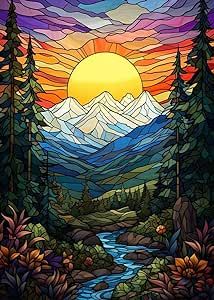 Landscape Stained Glass Window, Stained Glass Scenery Landscapes, Stained Glass Windows In Homes, Stained Glass Mountains, Stained Glass Landscape, Stained Glass Window Art, Stained Glass Window Clings, Stained Glass Pieces, Stain Glass Window Art