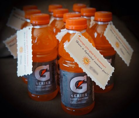 End of the school year give-away for my colleagues. I made a tag attached to the orange gatorade that says " Orange you glad it's summer? Have a hydrated summer fun!!" Orange Gatorade, Cheer Treats, Wrestling Gift, Ideas Bodas, Boyfriend Ideas, Staff Morale, Spirit Gifts, Teachers Gifts, Cheer Gifts