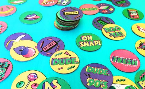 Make a 90s POGs game with this Free Printable - Creating Creatives Pogs 90s, 90s Graphics, Spirit Day Ideas, 90s Games, 90s Art, Felt Owl, Group Project, 90s Theme, 90s Party