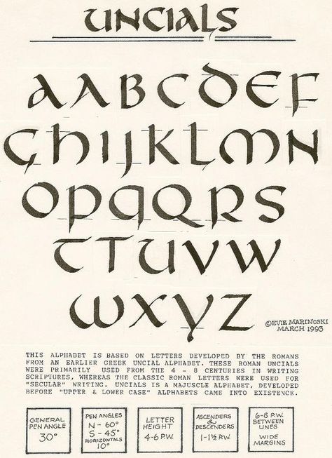 Uncial is a majuscule script (written entirely in capital letters) commonly used from the 4th to 8th centuries AD by Latin and Greek scribes.: Calligraphy Types, Script Alphabet, Calligraphy Lessons, Handlettering Quotes, Handwriting Alphabet, Alfabet Letters, Alphabet A, Alphabet Writing, Script Writing