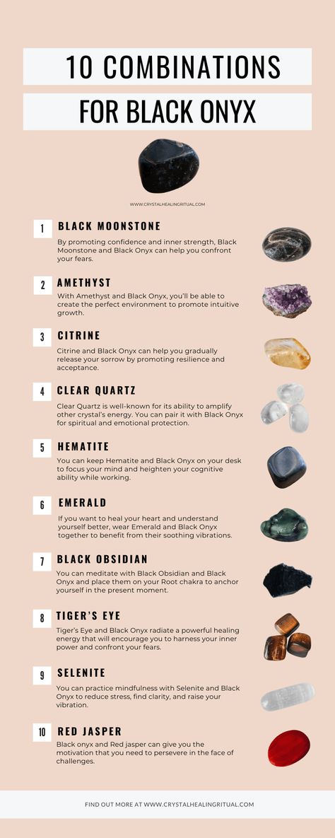 crystal combinations for black onyx infographic Crystal Combinations, Best Healing Crystals, Gemstones Chart, Crystal Healing Chart, Tiger Eye Crystal, Crystals Healing Properties, Spiritual Crystals, Crystal Healing Stones, Crystal Magic