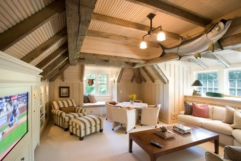 Bonus Room Design, Room Above Garage, Attic Makeover, Attic Renovation Ideas, Traditional Family Room, Finished Attic, Small Attic, Beadboard Ceiling, Attic Design