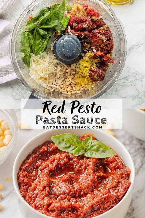 Red Pesto Sauce or pesto rosso is made with sun-dried tomatoes,  and is a great 15 minutes pasta recipe. It's a unique pasta sauce recipe that is so easy to make and seems really fancy. Pesto Recipe Pasta, Red Pesto Recipe, Autumn Pasta Recipes, Unique Pasta, Red Sauce Recipe, Fall Pasta, Italian Pasta Sauce, Pasta Sauce Recipe, Sauce Pesto