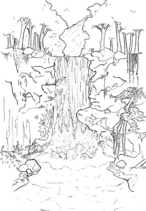 Drawing Backgrounds Ideas Sketch, National Park Coloring Page, Drawing Waterfall, Landscape Ideas Drawing, Waterfall Sketch, Background Drawing Ideas, Waterfall Drawing, Forest Drawing, Nature Art Drawings