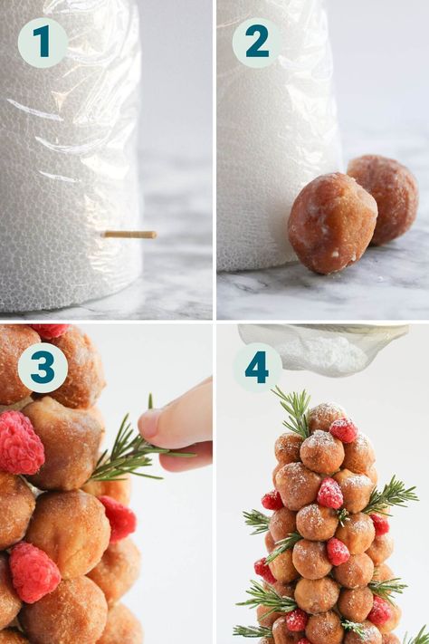 Looking for Christmas desserts for your party?  This donut hole Christmas tree is the perfect centerpiece for your holiday dessert table!  Made with store-bought donut holes and a styrofoam cone, this elegant Christmas treat is sure to wow your party guests! Christmas Ice Cream Sandwiches, Christmas Donut Tree, Christmas Tree Food Ideas, Donut Hole Tower, Donut Hole Tree, Donut Cone, Christmas Tree Dessert, Donut Tree, Donut Christmas Tree