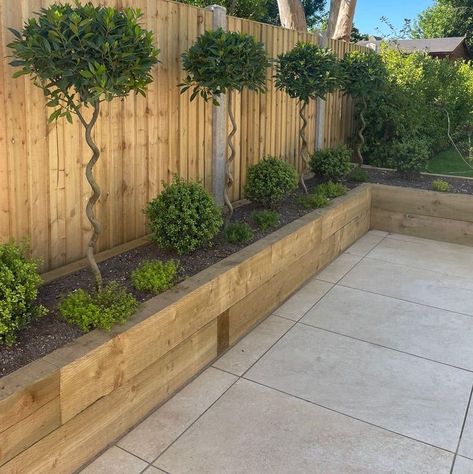 Raised Sleeper Flower Beds, New Build Gardens Uk, Raised Border Planting Ideas, Rectangular Garden Design Ideas, Garden Sleepers Borders, Raised Sleeper Beds, New Build Garden Ideas Uk Small, Small New Build Garden, Raised Borders Garden