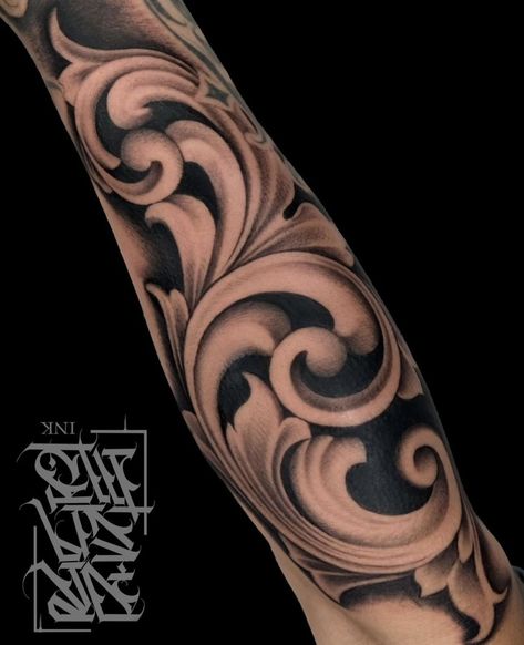 Filagree Tattoo Filler, Elbow Tattoos Mens, Background Tattoo Ideas Men, Angel Leg Sleeve, Fillagry Designs Tattoo, Filigree Design Tattoo, Time Heals Tattoo For Women, Arm Cover Up Tattoos Men, Chicano Arm Sleeve