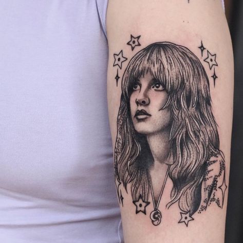 Stevie Nicks Portrait Tattoo, Stevie Nicks Tattoo, Traditional Black Tattoo, Line Tattoo Ideas, Stevie Nicks Style, Single Line Tattoo, Stylist Tattoos, Line Tattoo, Music Tattoos