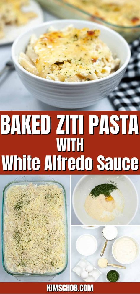 This pasta bake with white sauce is made with ziti, creamy Alfredo, and all the white cheese you could ask for! It's perfect without meat for a quick meal! Pasta Dinner Recipes White Sauce, White Pasta Bake Recipe, White Ziti Recipe, Italian Dishes With White Sauce, White Ziti Bake, Easy Baked Ziti With Alfredo Sauce, White Sauce Baked Ziti, Baked Pasta With White Sauce, Baked Alfredo Pasta Vegetarian