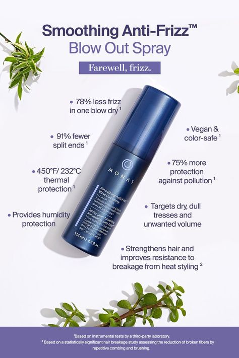 MONAT's Smoothing Anti-Frizz™️ Blow Out Spray provides lasting humidity protection, eliminates frizz and flyaways for up to 72 hours, provides thermal protection up to 450°F, and preserves color. You'll love floral and fruity fragrances and how soft and touchable your locks will be. Monat Smoothing Anti Frizz, Hair Serum Ads, Hair Spray, Anti Frizz Spray, Cosmetic Labels Design, Skin Care Products Design, Shampoo For Thinning Hair, Cosmetic Labels, Monat Hair