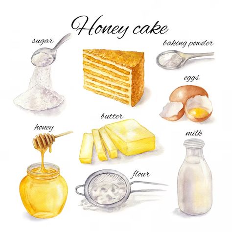 Honey For Allergies, Cake Watercolor, Cottagecore Recipes, Kitchen Witch Recipes, Aesthetic Health, Tattoo Health, Homemade Cookbook, Recipe Drawing, Visual Recipes