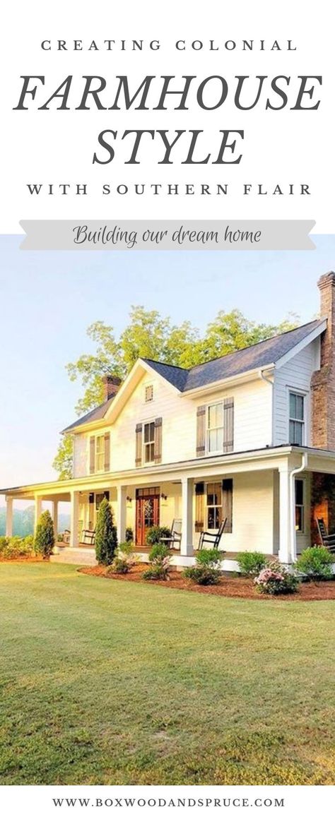 Farmhouse Style Inspiration - Colonial Farmhouse with Southern Flair! #farmhouse #farmhousestyle #colonialfarmhouse #exterior #architecturalsalvage #oldmeetsnew #woodbeams #antiquedoors #farmhouseinspiration American Style Farmhouse, Virginia Farmhouse Plans, Country Colonial House, Colonial With Farmers Porch, Farmhouse Style Homes Exterior, Colonial Barndominium, Modern Colonial Homes Exterior, California Farmhouse Exterior, Southern Farmhouse Exterior