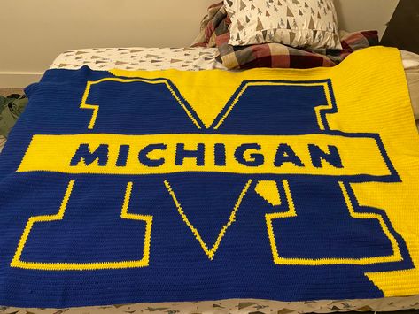 U of M. Go Blue!!! Notre Dame Crochet Blanket Pattern, Crochet Michigan Blanket Free Pattern, Ravenclaw Crochet Blanket, Michigan Crochet Blanket, Blue Yellow White Crochet Blanket, Royal Blue Crochet Blanket, Go Blue, Crocheted Item, Michigan