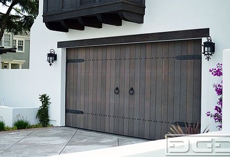 Santa Cruz, CA Spanish Style Garage Door & Matching Side Gate Project | Dynamic Garage Door Projects Custom Wood Garage Doors, Garage Door Colors, Wood Garage, Modern Garage Doors, Garage Door Types, Spanish Modern, Wood Garage Doors, Side Gates, Garage Door Makeover