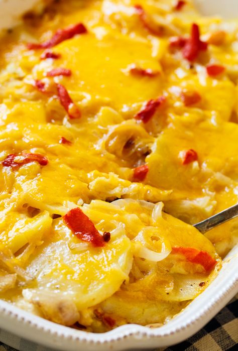 Pimento Cheese Potato Gratin- scalloped potatoes southern-style. Cheesy Potato Gratin, Homemade Pimento Cheese, Spicy Southern Kitchen, Potato Side Dish, Cheese Potato, Scalloped Potatoes Cheesy, Southern Kitchen, Potato Gratin, Potato Sides