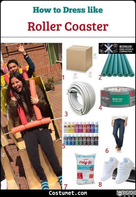 Going as a roller coaster is perfect if the costume is for a pair or a large group. While you will need to do a bit of extensive DIY-ing, the materials you’ll be using are easy to procure. That includes a moving box, pool noodles, a PVC pipe, and duct tape to name a few.             #misc #male #female #misc #group #kid Group Roller Coaster Costume, Group Halloween Costumes Roller Coaster, Carnival Roller Coaster, Roller Coaster Trunk Or Treat, Rollercoaster Halloween Costume, Rollercoaster Costume Diy, Diy Roller Coaster Costume, Roller Coaster Costume Diy, Rollercoaster Costume