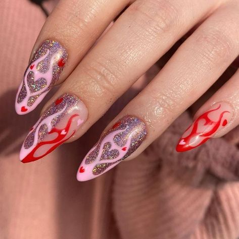 20 Valentine's Day Nail Art Ideas |2023 Flame Nail Art, Nail Design Glitter, Hard Nails, Grunge Nails, Simple Acrylic Nails, Heart Nails, Glitter Nail Art, Fire Nails, Funky Nails