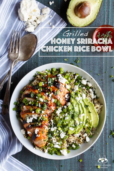 Grilled Honey Sriracha Chicken Rice Bowl with Avocado | sharedappetite.com Honey Rice, Chicken Rice Bowl, Queso Fresco Cheese, Honey Sriracha Chicken, Uncle Ben, Sriracha Chicken, Chicken Rice Bowls, Chicken Bake, Chicken Bowl