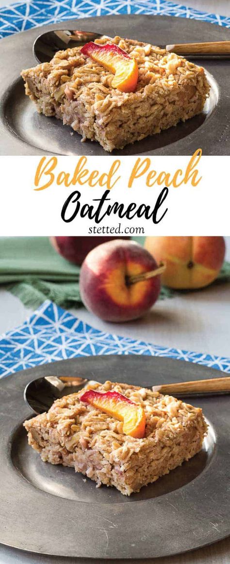 Baked Peach Oatmeal | Stetted Peach Oatmeal Muffins, Baked Oatmeal Recipes Breakfast, Peach Baked Oatmeal, Oatmeal Bars Healthy, Peach Oatmeal, No Bake Oatmeal Bars, Oatmeal Breakfast Bars, Breakfast Oatmeal Recipes, Baked Peach