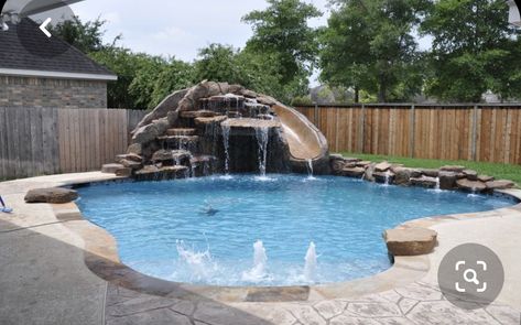 Waterfall Slide Pool, Rock Slides For Pool, Inground Pool Designs Rock Waterfall, Small Backyard Pool With Slide, Pool With Rock Slide And Waterfall, Small Pool With Slide, Rock Pool Slide, Rock Slide Pool, Pool Rock Slide