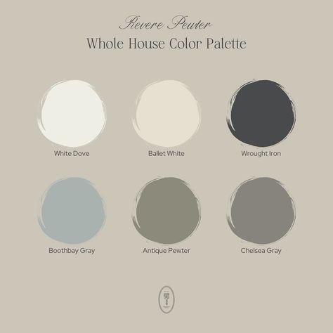 Revere Pewter Whole Home Color Palette Colors That Go Well With Revere Pewter, Revere Pewter And Pale Oak, Revere Pewter Color Palette, Revere Pewter Coordinating Colors, Whole Home Color Palette, Revere Pewter Kitchen, Bm Revere Pewter, Coordinating Paint Colors, Garage Door Colors