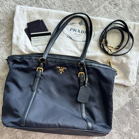 Prada nylon tote navy blue Prada Nylon Tote Bag, Prada Nylon Tote, Nylon Tote Bag, Prada Nylon, Nylon Tote Bags, Nylon Tote, Prada Handbags, Gold Hardware, Prada