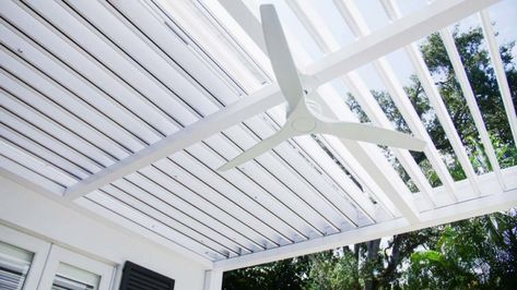 Pergola With Ceiling Fan, Pergola Ceiling Fan, Pergola With Fan, Fan Ideas, Vinyl Pergola, White Pergola, Outdoor Renovation, Wall Mounted Fan, Louvered Pergola