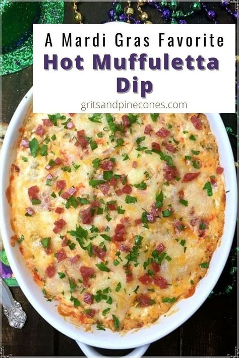 Easy Mardi Gras hot Muffuletta dip is a tantalizing appetizer made with tasty green olives, salami, provolone cheese, and tangy giardiniera. This hot and delicious dip is a flavorful appetizer for any Mardi Gras, game-day, or Super Bowl party. Mardi Gras Tailgate, Mardi Gras Veggie Tray, Muffaletta Dip Appetizers, Muffuletta Dip Recipe, Mardi Gras Dip Recipes, Louisiana Appetizers For Party, Mardi Gras Party Food For A Crowd, Marti Gras Food Recipes, Mari Gras Food