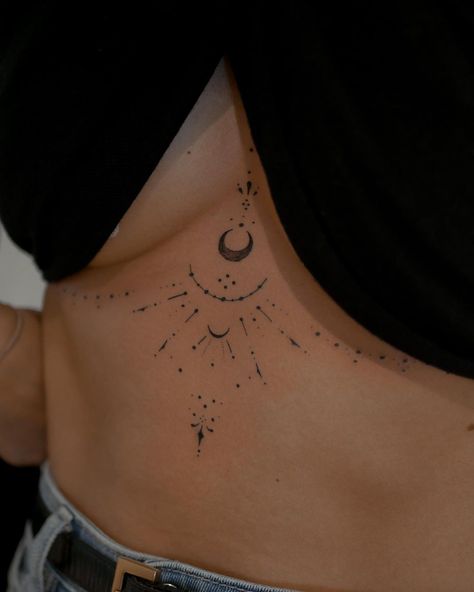 Sternum Moon Tattoo, Feminine Chest Tattoo For Women, Sternum Tattoo Women Unique, Under Breast Tattoos For Women, Tattoos Between Breast, Women Sternum Tattoo, Simplistic Tattoo, Tattoos For Children, Underbreast Tattoo