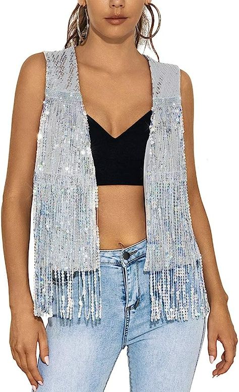 Edary Women's Sequin Sleeveless Vest Sparkly Casual Open Front Waistcoat Jackets Glitter Vest Coat(Silver,L) at Amazon Women's Coats Shop Disco Cowgirl Outfit, Sequin Vest, Cowgirl Outfit, Disco Cowgirl, Open Front Jacket, Cowgirl Outfits, Outerwear Vest, Vest Coat, Sleeveless Jacket