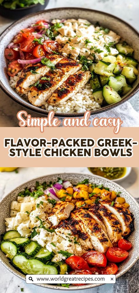 Simplify your busy week with these meal prep Greek chicken bowls! This recipe combines marinated chicken, fresh cucumbers, cherry tomatoes, and tangy feta for a deliciously satisfying meal. Ideal for quick lunches or dinners, these bowls can be made ahead and stored in the fridge, ensuring you always have a nutritious option on hand. Enjoy the vibrant flavors of the Mediterranean diet while keeping your schedule on track. Say goodbye to boring meals and hello to easy, healthy eating! Chicken Euro Bowls, Low Calorie Greek Chicken Bowls, Taziki Bowl Recipe, Diced Chicken Meal Prep, Chicken And Chickpea Recipes Healthy, Chicken And Garbanzo Beans, Mediterranean Bowls Meal Prep, Mediterranean Recipes For Picky Eaters, Mediterranean Chicken Bowls Healthy