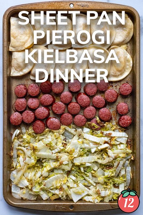 Sheet Pan Kielbasa and Pierogi Dinner | 12 Tomatoes Pierogi Dinner, Sheet Pan Kielbasa, Universal Yums, Oktoberfest Recipes, Tomatoes Recipes, 12 Tomatoes Recipes, Cabbage And Sausage, Oktoberfest Food, Pan Dinners