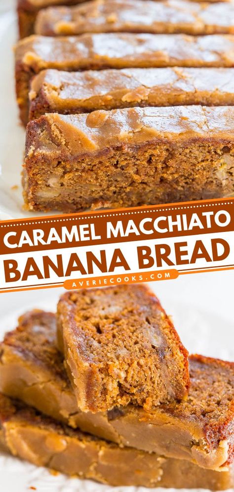 Caramel Macchiato Banana Bread, holiday brunch, christmas morning Caramel Macchiato Banana Bread, Maple Glazed Banana Bread, Banana Bread With Caramel Glaze, Unique Banana Bread Recipes, Biscoff Banana Bread, Unique Banana Recipes, Unique Bread Recipes, Unique Banana Bread, Caramel Banana Bread Recipe