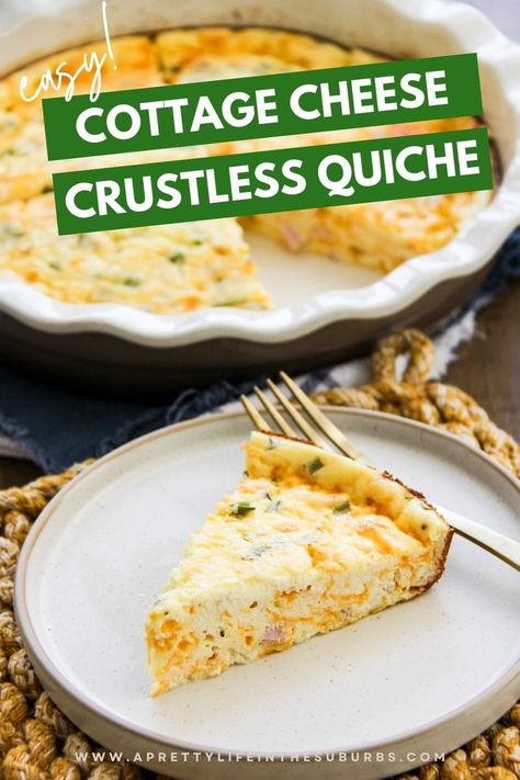 Cottage Cheese Crustless Quiche - A Pretty Life In The Suburbs Baked Cottage Cheese And Eggs, Cottage Cheese Egg Quiche, Crustless Cottage Cheese Quiche, Cottage Cheese Crustless Quiche, Quiche Recipes Easy Dinners, Cottage Cheese Quiche Crustless, Uses For Cottage Cheese, Crustless Quiche Recipes Easy, Cottage Cheese Dinner Recipes