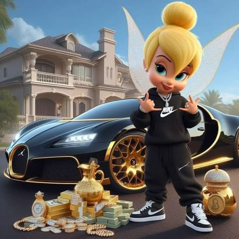 Gangster Princess Disney, Hood Cartoon Art, Princess Disney Wallpaper, Tinker Bell Wallpaper, Gangster Princess, Cute Tinkerbell, Hood Cartoon, Sticker Bomb Wallpaper, Cool 3d Art