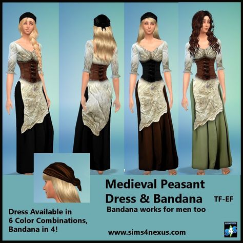 Medieval Peasant Dress & Bandana - works great for pirates too! ;)  | DOWNLOAD |  Feel free to reblog, thanks! Victorian Peasant Dress, Victorian Peasant, Medieval Peasant, Medieval Outfit, Dress Quotes, Sims Medieval, Sims 4 Challenges, Medieval Gown, Medieval Clothes