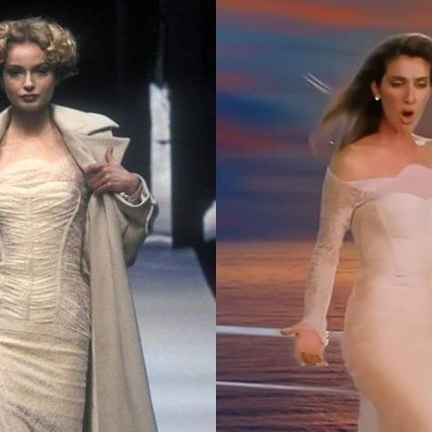 Style of Céline Dion on Instagram: "To celebrate the 25th anniversary of “My Heart Will Go On”, Céline released an alternate version of the original music video in 4K where you can see her @HerveLeger Fall/Winter 1997 lace gown in its full glory." Celine Dion My Heart Will Go On Video, Celine Dion My Heart Will Go On, Original Music, Celine Dion, Lace Gown, 25th Anniversary, Go On, Music Video, Night Gown