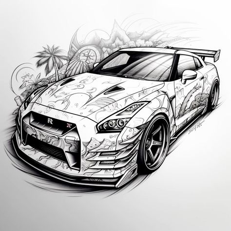 Nissan Gtr Tattoo, Gtr Tattoo, Gtr Drawing, Car Art Drawing, Nissan Gtr 35, Linework Art, Skyline Tattoo, Skyline Drawing, Gtr Car