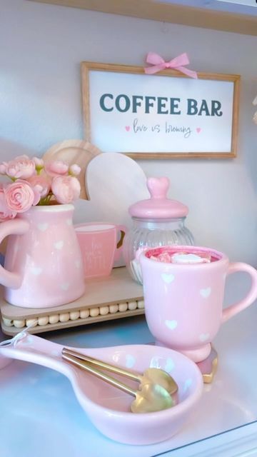 Pink Coffee Station, Coffee Bar Ideas Pink, Pink Coffee Aesthetic, Barbies Dreamhouse, Pink Coffee Bar, Girly Coffee Shop, Coffee Area, Dorm Kitchen, Coffee Meeting