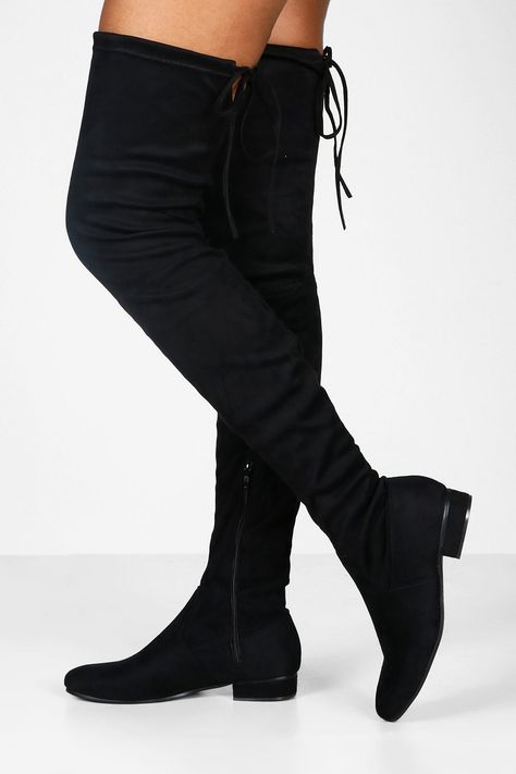 Flat Tie Back Thigh High Boots | boohoo How To Wear Thigh High Boots, Black Garter Belt, Black Garter, Thigh High Boots Flat, Boot Shoe, Boots Flat, Otk Boots, Thigh High Socks, Cold Weather Fashion