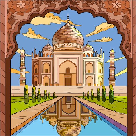 Indian Drawing Ideas Sketch, Indian Architecture Drawing, Indian Architecture Painting, Taj Mahal Sketch, Taj Mahal Drawing, تاج محل, Storyboard Drawing, Architecture Blueprints, Tropical Art Print