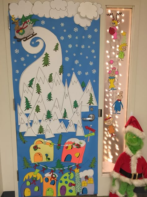 Holiday Office Door Decorations The Grinch Easy Grinch Door Decorations, Grinch Cave Door Decorations, Cindy Lou Who Door Decoration, Whoville Christmas Door Decoration, Whoville Door Decorating Contest, Grinch Themed Classroom Door, Grinch Office Door Decorating Ideas, Whoville Door Decorations For School, The Grinch Door Decorations