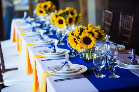 sunflowers+and+blue+wedding | Sunflowers and blue table. Yellow And Blue Wedding Decorations, Royal Blue And Sunflower Wedding, Yellow And Blue Wedding Theme, Sunflower And Blue Wedding, Brunch Table Decorations, Yellow And Blue Wedding, Blue Sunflower Wedding, Wedding Sunflowers, Cheap Wedding Table Centerpieces